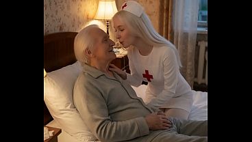 YOUNG WHITE-HAIRED NURSE OFFERS ANAL AND VAGINAL SEX TO HER ELDERLY PATIENT SO SHE CAN FEEL BETTER (AI-GENERATED VIDEO)